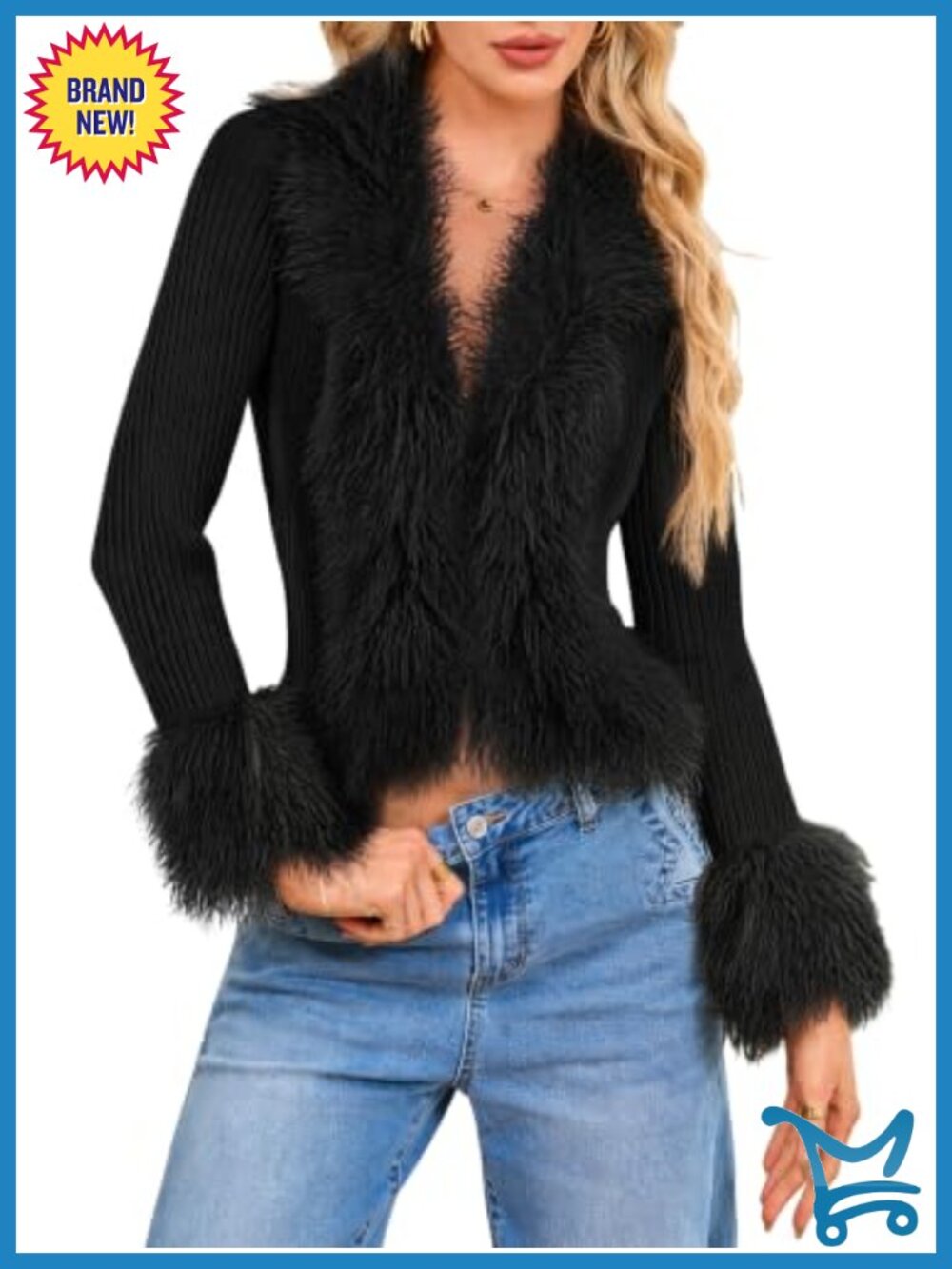 Faux Fur Trim V-Neck Cropped Cardigan Zip Up Knit Sweater